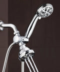 Total Chrome High Pressure Three Way Shower Head And Handheld Combo With Rain Setting, mounted, showcasing dual heads and hose