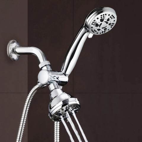Total Chrome High Pressure Three Way Shower Head And Handheld Combo With Rain Setting, mounted, showcasing dual heads and hose