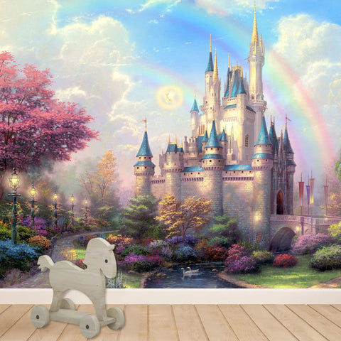 Dream Castle Bedroom Wall Mural Set, Large Peel And Stick Wallpaper, castle scene with rainbow, 100x144 Inches, kid-friendly.