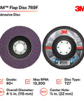 3M Flap Disc 769F Type 27 40 Plus Ceramic Precision Shaped Grain Grinding and Finishing Disc, 4.5 x 7/8 inch, abrasive disc shown.