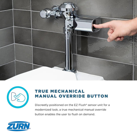 Exposed Diaphragm Sensor Water Closet Flush Valve With 1.28 Gpf, Battery Powered Touchless Flush, Hygienic Sensor, Dual Seal Diaphragm With Clog Resistant Bypass, True Mechanical Manual Override Button Chrome Plated Cover on wall-mounted toilet