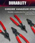 12 Piece Universal Snap Ring Pliers Set Heavy Duty Fixed Tip Internal And External Pliers with red handles on a gray background