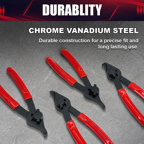 12 Piece Universal Snap Ring Pliers Set Heavy Duty Fixed Tip Internal And External Pliers with red handles on a gray background