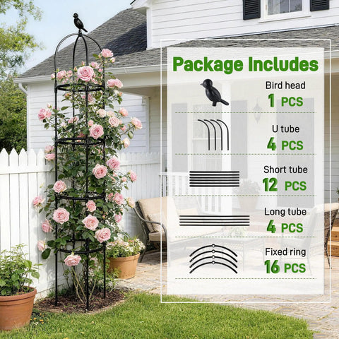 Image showing package contents of 6ft Obelisk Garden Trellis For Climbing Plants Rustproof Metal Pipe With Heavy Duty Plastic Coating and assembled trellis.