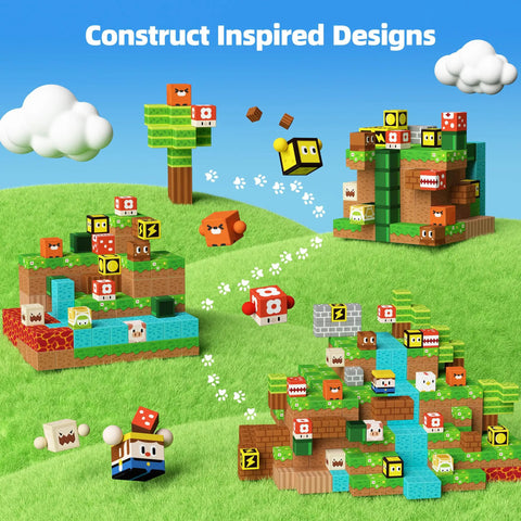 3D terrain with multicolored blocks and character figures featuring Magnetic Blocks Building Toys for Kids 3 Plus Boys and Girls Game Based MagWonder Construction Set Upgraded Cool STEM Sensory Gift for Birthday Playtime Creative Magnetic Building Set for Little Builders.