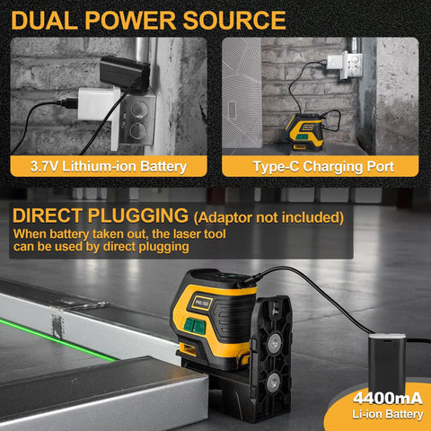 Self Leveling Laser Level With Tripod And 2 Plumb Dots, 100 Ft Cross Line Laser, Rechargeable Battery shown with charger.