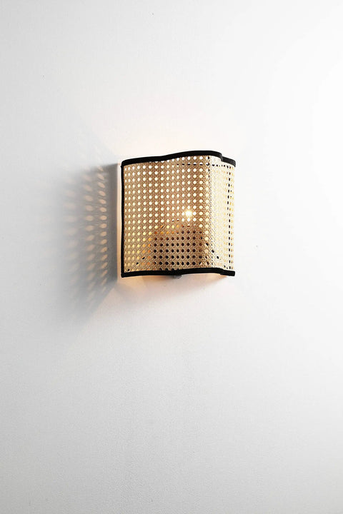 Mid Century Bohemian Wall Sconce Lamp With Rattan Shade And Velvet Rim, Cozy Ambient Lighting For Bedroom, Living Room, Dining Area Or Kitchen