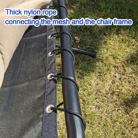 Close-up of black waterproof vinyl mesh replacement with rope for patio curved hanging lounge chair and chaise lounger.