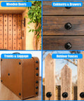 Solid 12 Pack Iron Clavos 1.5 Inches Long Featuring Gritty Hammered Black Finish on wooden doors and cabinetry.