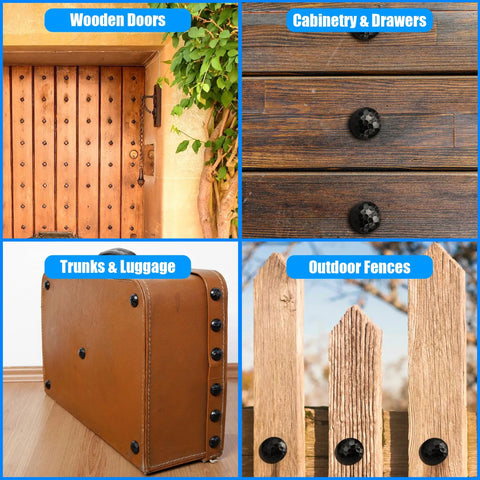 Solid 12 Pack Iron Clavos 1.5 Inches Long Featuring Gritty Hammered Black Finish on wooden doors and cabinetry.