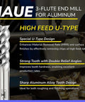 IAUE 3-flute carbide end mill for aluminum, side view.