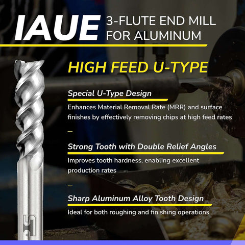 IAUE 3-flute carbide end mill for aluminum, side view.