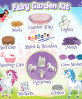 Image of Unicorn Fairy Garden Kit with Light Up Terrarium contents including figurines, paints, seeds, soil disc, and watering can.
