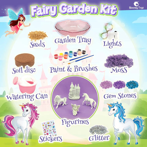 Image of Unicorn Fairy Garden Kit with Light Up Terrarium contents including figurines, paints, seeds, soil disc, and watering can.