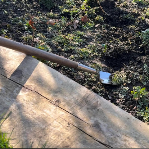Stainless Steel Long-Handled Trowel With An Ergonomic Grip For Effortless Digging And Back-Friendly Comfort In The Garden tool in use