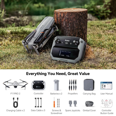 F11PRO 2 Drone With 6K Camera And 3 Axis Gimbal Stabilizer next to controller outdoors, with accessories shown below.