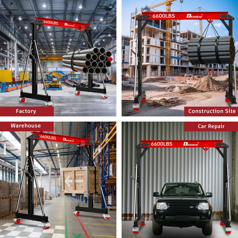 3 Ton Portable Gantry Crane With 8.53 Ft Wide Span, Adjustable 8.53-12.47 Ft Height, Heavy Duty Shop Lift Hoist With Manual Trolley, Red