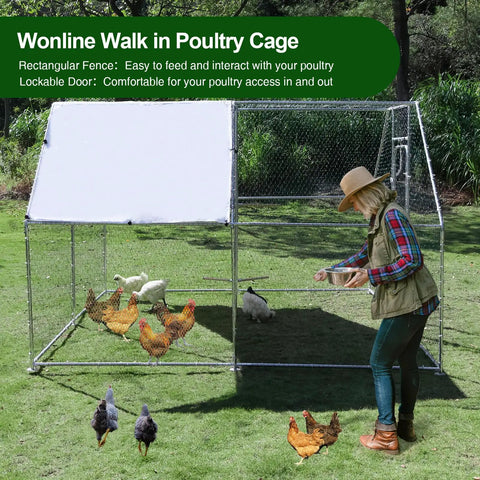 Walk In Metal Chicken Coop With Cover And Perch For Outdoor Backyard Use, Large Enclosure, person feeding chickens inside