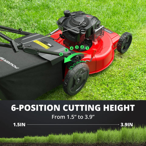 Gas Lawn Mower 22 Inch Self Propelled With Three In One Mulching System ReadyStart Briggs And Stratton 150cc Engine Rear Wheel Drive Durable Steel Deck Six Cutting Heights For Easy Yard Care. 6-position cutting height on red steel deck mower
