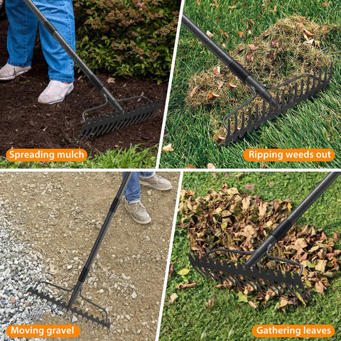 Heavy Duty Bow Rake With 63 Inch Handle And 17 Tines for spreading mulch, ripping weeds, moving gravel, gathering leaves
