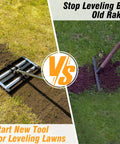 Comparison of Pro Grade Heavy Duty Lawn Leveling Rake With Aluminum Rollers And Stainless Steel Build and old rake on grass