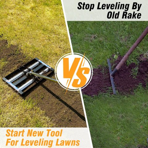 Comparison of Pro Grade Heavy Duty Lawn Leveling Rake With Aluminum Rollers And Stainless Steel Build and old rake on grass