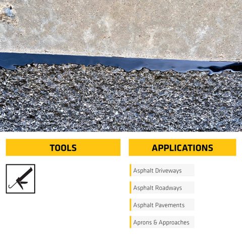 Asphalt Sealant Black Self Leveling Hybrid Crack Filler for Driveways Roadways and Pavements applied on asphalt close-up
