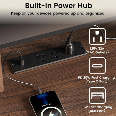 Built Tough 55 Inch Electric Adjustable Standing Desk Featuring Five Roomy Storage Drawers And Raised Monitor Platform Smooth Glide Motor Custom Memory Buttons power hub with three AC outlets and charging ports.