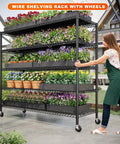 Heavy Duty Garage Shelving Unit With Wheels And Adjustable Feet, Five Tier Steel Wire Storage Rack, 2998 Lb Capacity, 85.7 Inch Tall, Built Tough For Tools And Gear Organization, shown holding plants outdoors