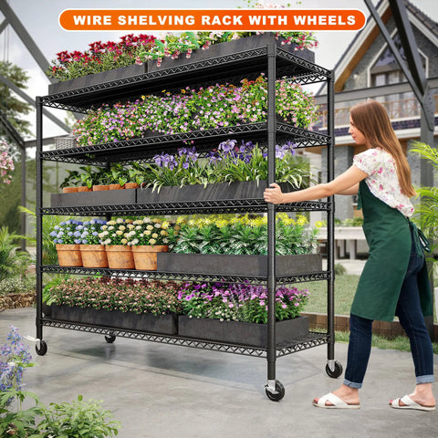 Heavy Duty Garage Shelving Unit With Wheels And Adjustable Feet, Five Tier Steel Wire Storage Rack, 2998 Lb Capacity, 85.7 Inch Tall, Built Tough For Tools And Gear Organization, shown holding plants outdoors
