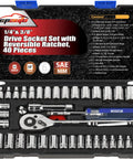 40 Piece One Quarter And Three Eighth Inch Drive Socket Set With 72 Tooth Reversible Ratchet Hardened Cr V Chrome Plated Tools