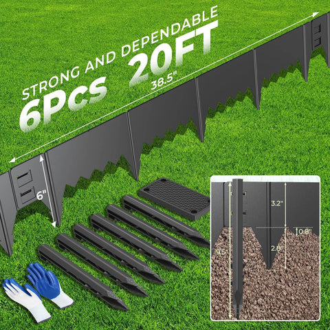 Heavy Duty Metal Garden Border Set 20 Ft With Bendable Hammer In Landscape Edgings And 6 Plastic Stakes shown on grass lawn.