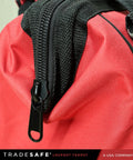 Close-up of zipper on Heavy Duty Lockout Tagout Bag, Large LOTO Tool Organizer, durable red canvas material.
