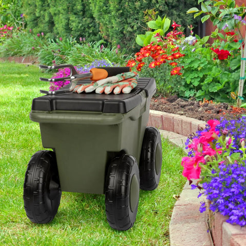 Rolling Garden Cart With Seat For Planting And Weeding Plastic Storage Bench And Interior Tool Tray in a garden setting