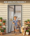 Child and dog walking through Beefed Up Magnetic Screen Door For 32 By 80 Inch Opening 34 By 81 Inch Mesh Fits Front Back And Single Doors