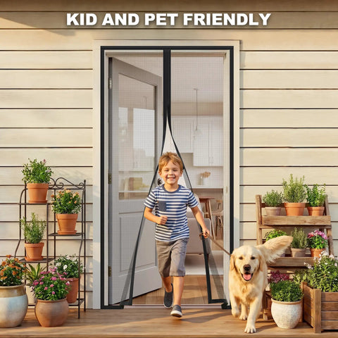 Child and dog walking through Beefed Up Magnetic Screen Door For 32 By 80 Inch Opening 34 By 81 Inch Mesh Fits Front Back And Single Doors
