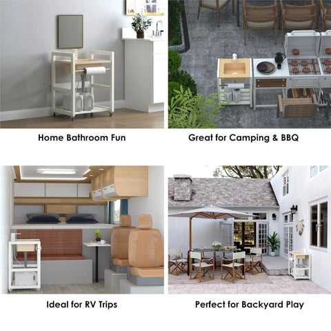 Ace Portable Sink With Electronic Faucet Self Contained Wash Station packing dual water tanks near outdoor BBQ setup.