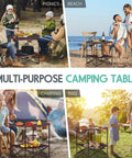 Portable Folding Picnic Table For Outdoors With 4 Cup Holders shown in use at picnics, beach, camping, and BBQ settings.