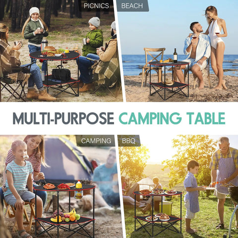Portable Folding Picnic Table For Outdoors With 4 Cup Holders shown in use at picnics, beach, camping, and BBQ settings.