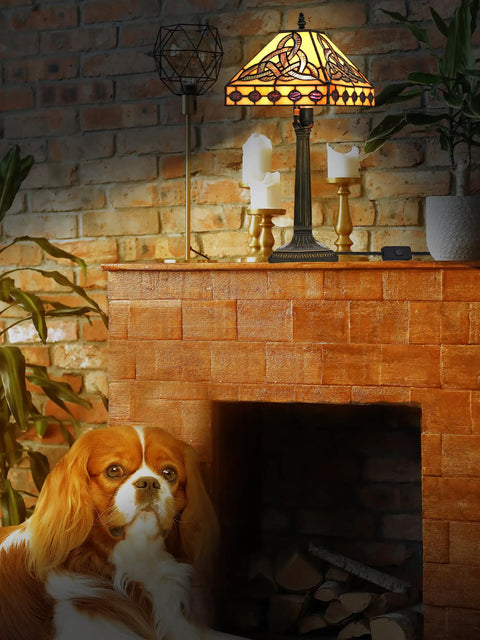 Lit Tiffany Style Table Lamp With Stained Glass Shade Irish Celtic Design 17500 Lumens Fairy Night Light on mantelpiece