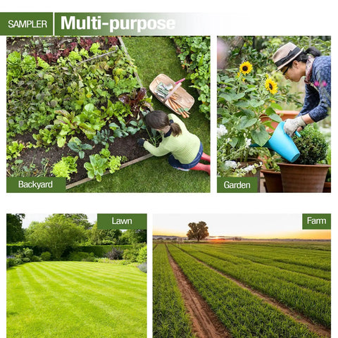 Collage showing multi-purpose use for a 40 Inch Stainless Steel Soil Sampler Probe With Ejector Foot Pedal in backyard, garden, lawn, and farm.