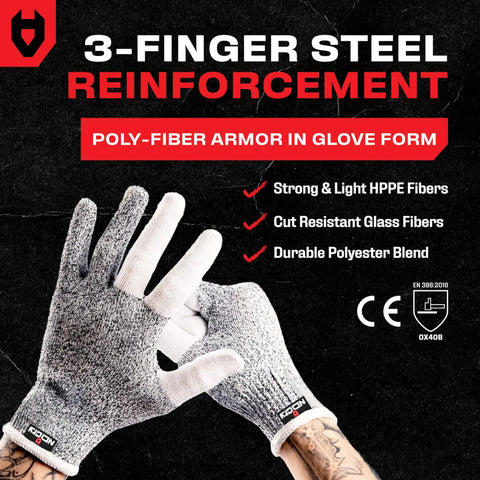 Two cut resistant kitchen gloves with three-finger reinforced design shown with product features and certification details.