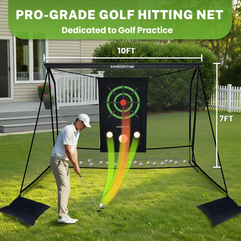 Practice Net For Real Golf Balls Heavy Duty 10x7ft Driving Range Net With Target in backyard, golfer hitting ball