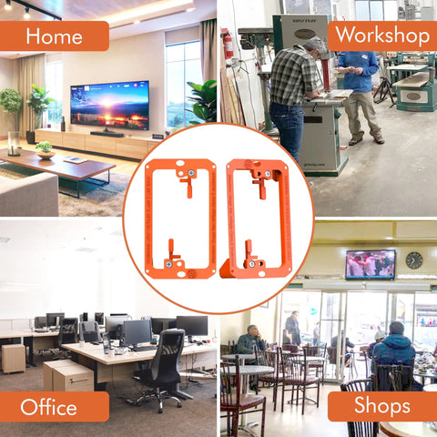 Collage showing Low Voltage Mounting Bracket 1 Gang Pack Of 12 in home, office, workshop, and shop settings.