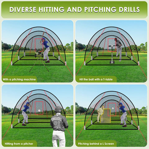 Backyard Baseball Batting Cage Kit 22 Ft By 12 Ft By 8 Ft Frame With players practicing diverse drills in netted area