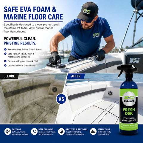EVA Foam Cleaner For Marine Decks And Non Slip Floors, Heavy Duty Boat Cleaning Spray That Removes Dirt, Salt, And Stains, Safe For EVA Foam, Easy Spray And Clean in use before and after example on a boat deck.