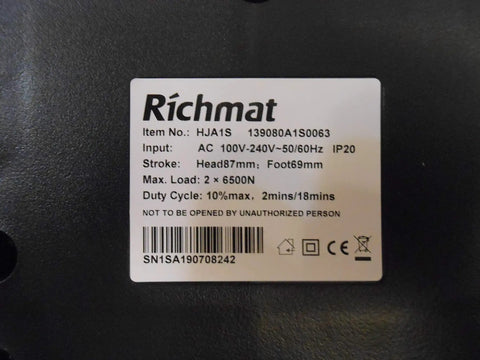 Richmat actuator motor label showing model HJA1S, input AC 100V-240V, max load 6500N x 2, for adjustable bed frames.