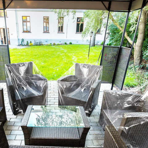 4 Pack Outdoor Clear Plastic Chair Covers Waterproof Dust Proof Fits Chairs Sofas Couches and Recliners 37 x 30 x 30 Inches Protection for Furniture Moving and Storage, covering patio chairs.
