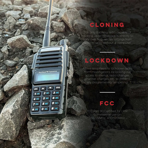 Dual Band Ham Radio Transceiver 136 to 174 MHz and 400 to 520 MHz on rocks; FCC Part 90 Certified for Business