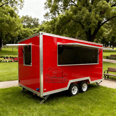 Turnkey Commercial Food Truck Trailer Ready To Roll Fully Loaded Mobile Kitchen Setup with large service window in park.
